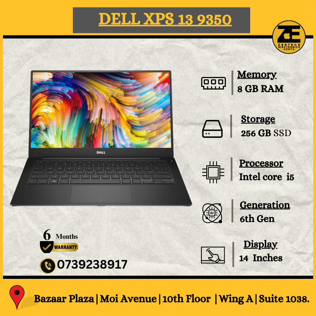 Dell XPS 13 9350 laptop with a colorful display showcasing its screen, black keyboard, and Dell logo on the top.